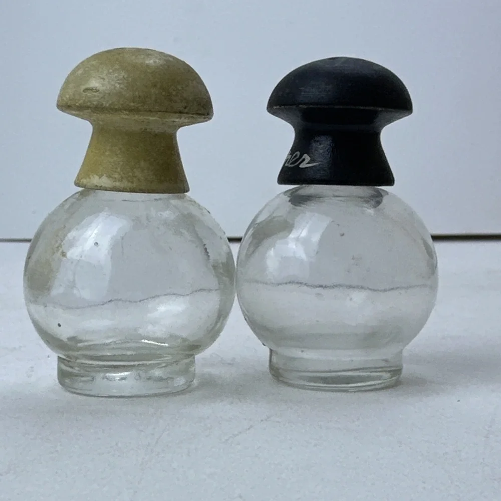 Vintage Salt Pepper Shakers Japan Clear Glass Globes Wood Tops As Is